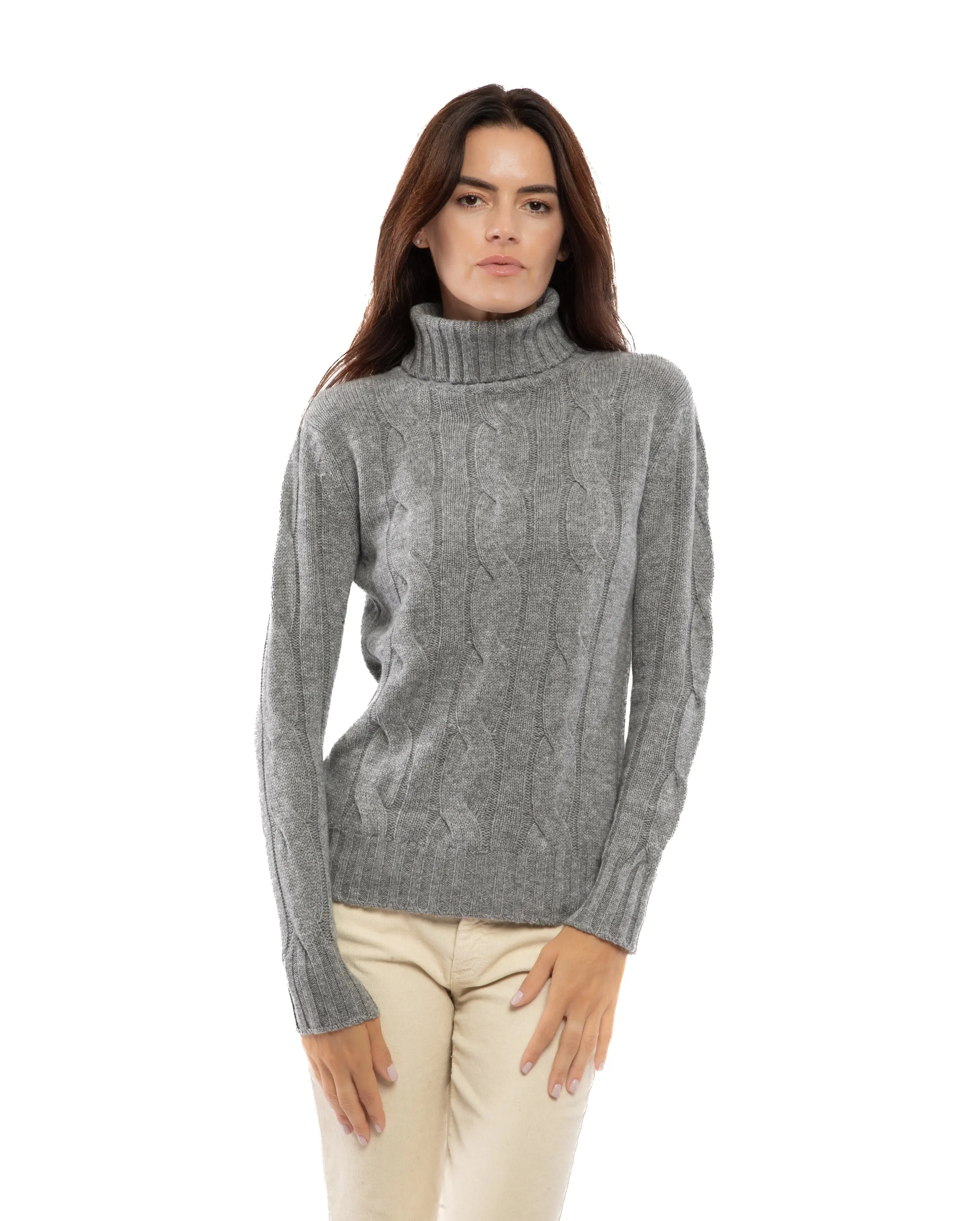 NEW FALL 24 - Women's Pure Cashmere Cable Knit Turtleneck Sweater Off White