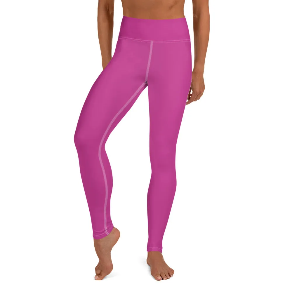 Pink Women's Yoga Pants, Solid Color Print Premium Yoga Leggings- Made in USA/ EU