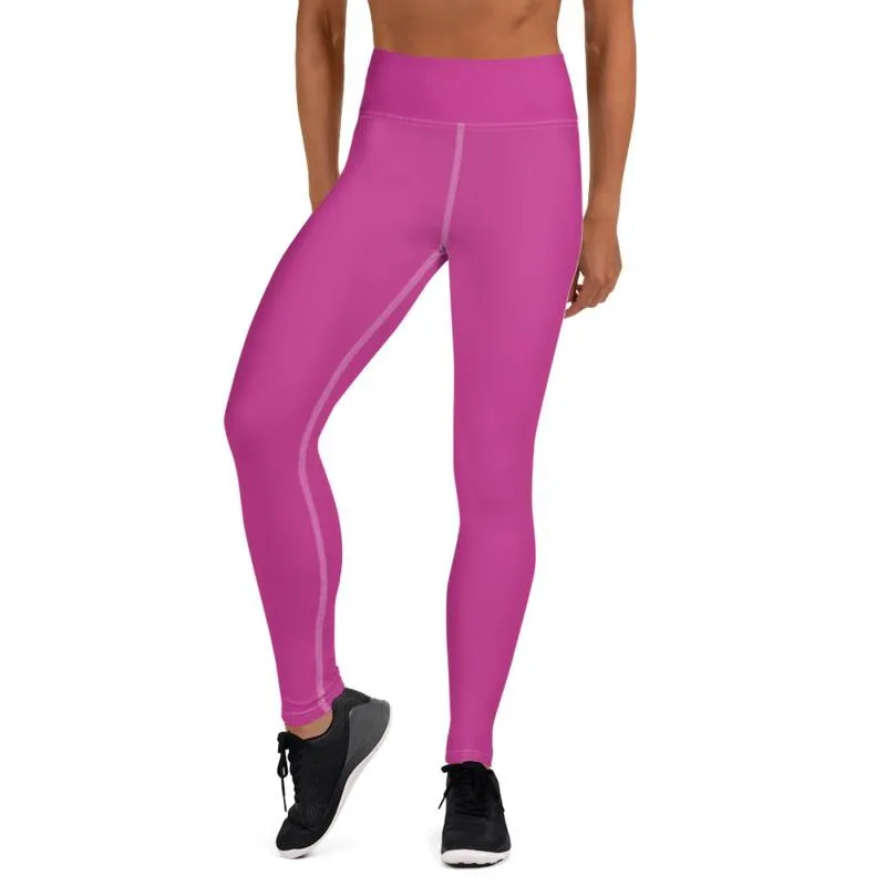 Pink Women's Yoga Pants, Solid Color Print Premium Yoga Leggings- Made in USA/ EU