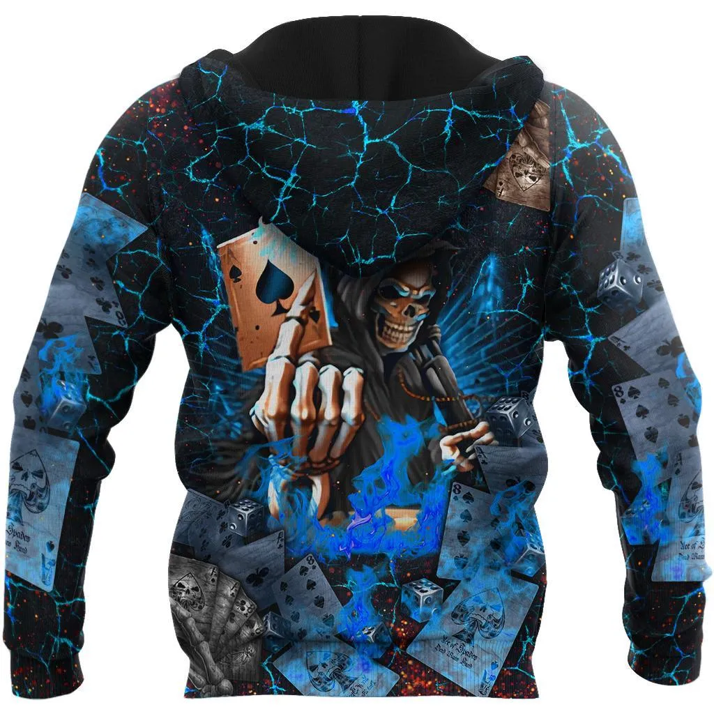 Poker Skulls On The Blue Fire Hoodie For Men And Women, Poker Skull Hoodie