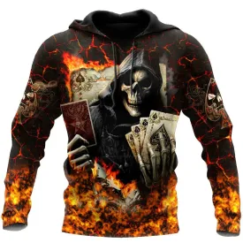 Poker Skulls On The Red Fire Hoodie For Men And Women, Poker Skull Hoodie