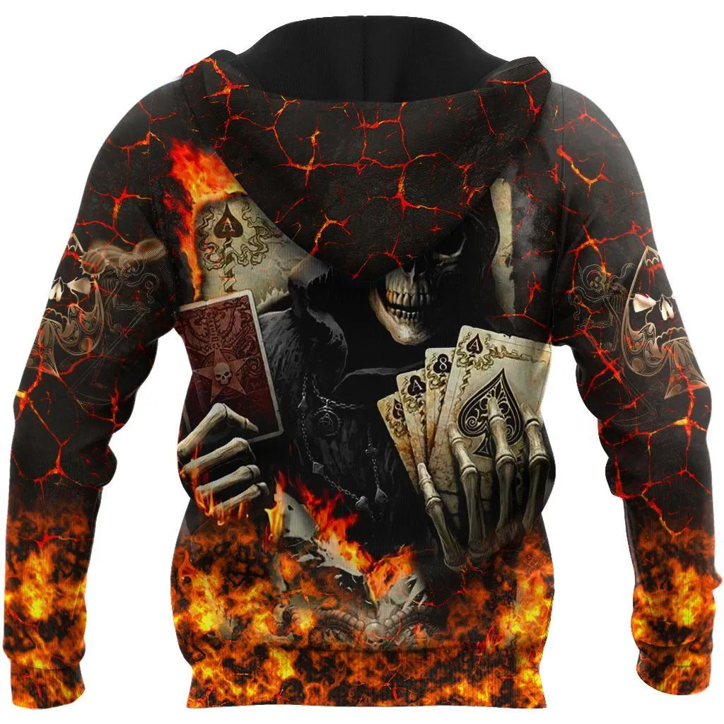 Poker Skulls On The Red Fire Hoodie For Men And Women, Poker Skull Hoodie