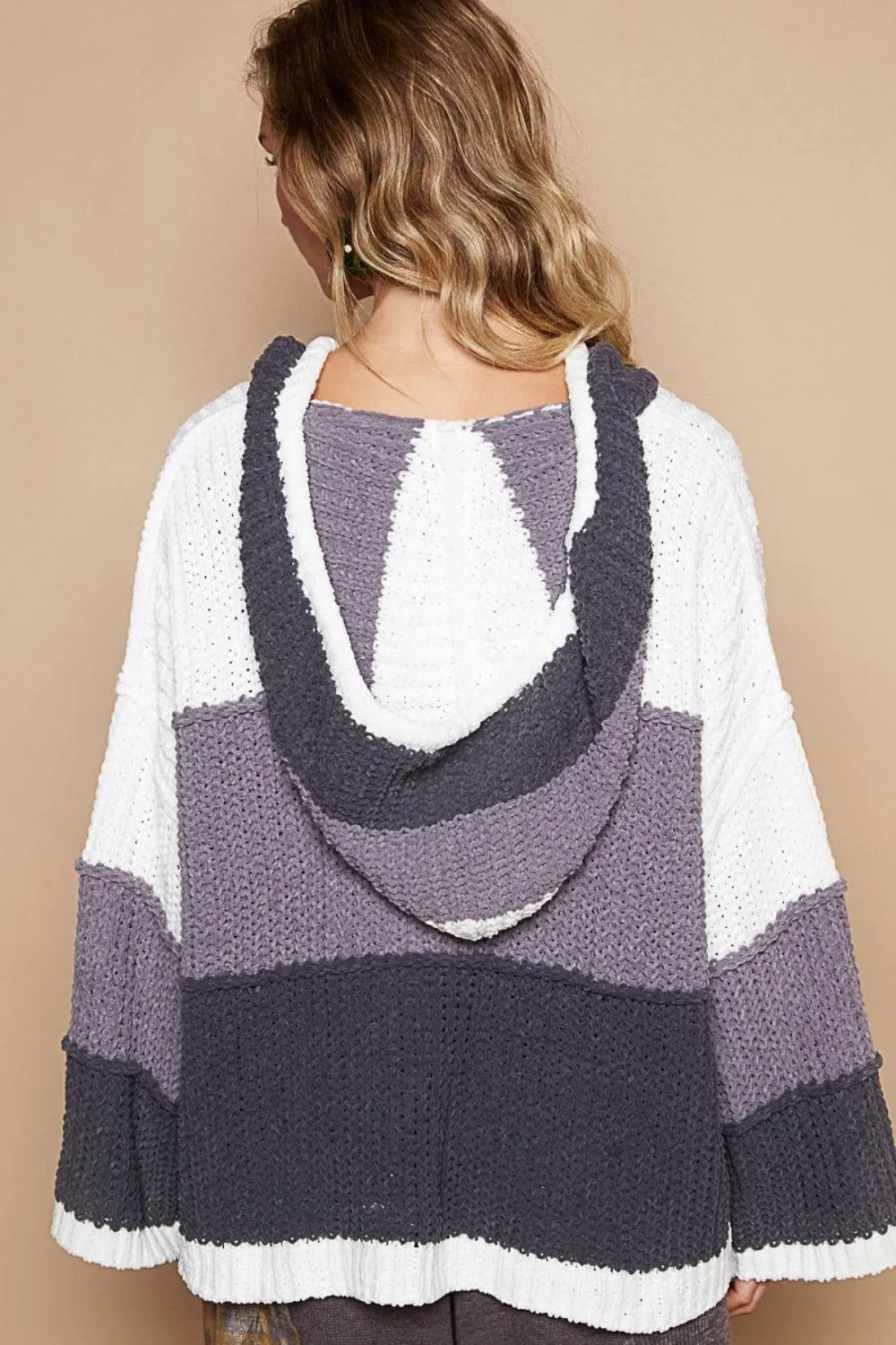 POL Hooded Sweater Color Block Striped Long Sleeve Knitwear