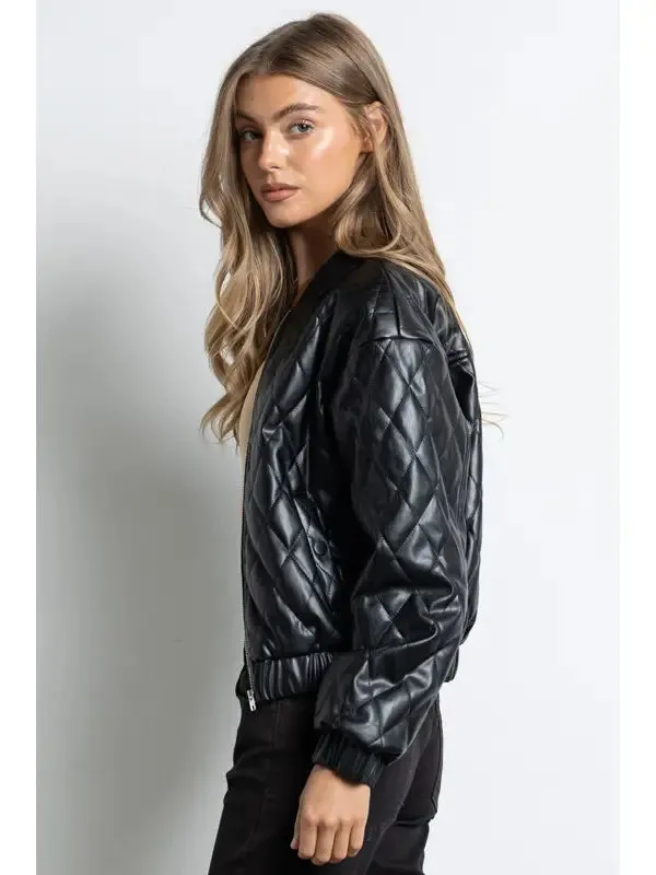 Quilted Vegan Leather Jacket - Black