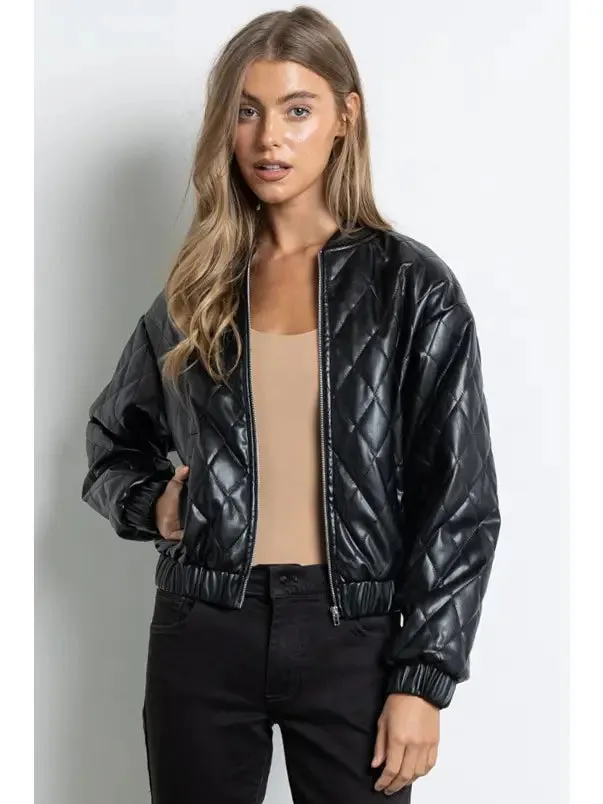 Quilted Vegan Leather Jacket - Black