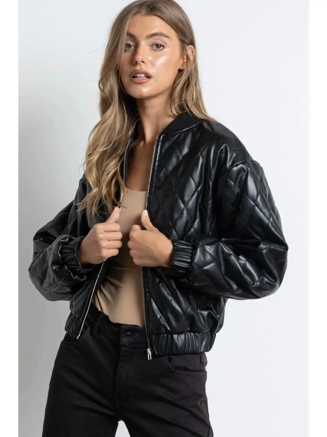 Quilted Vegan Leather Jacket - Black