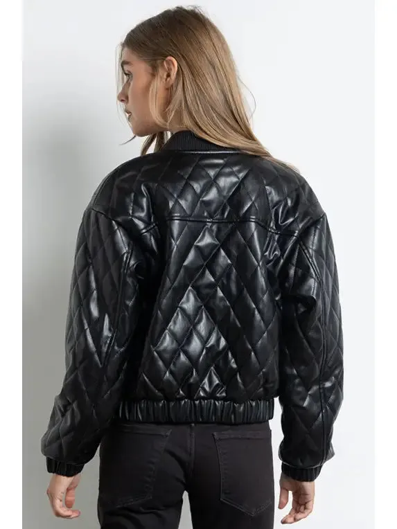 Quilted Vegan Leather Jacket - Black