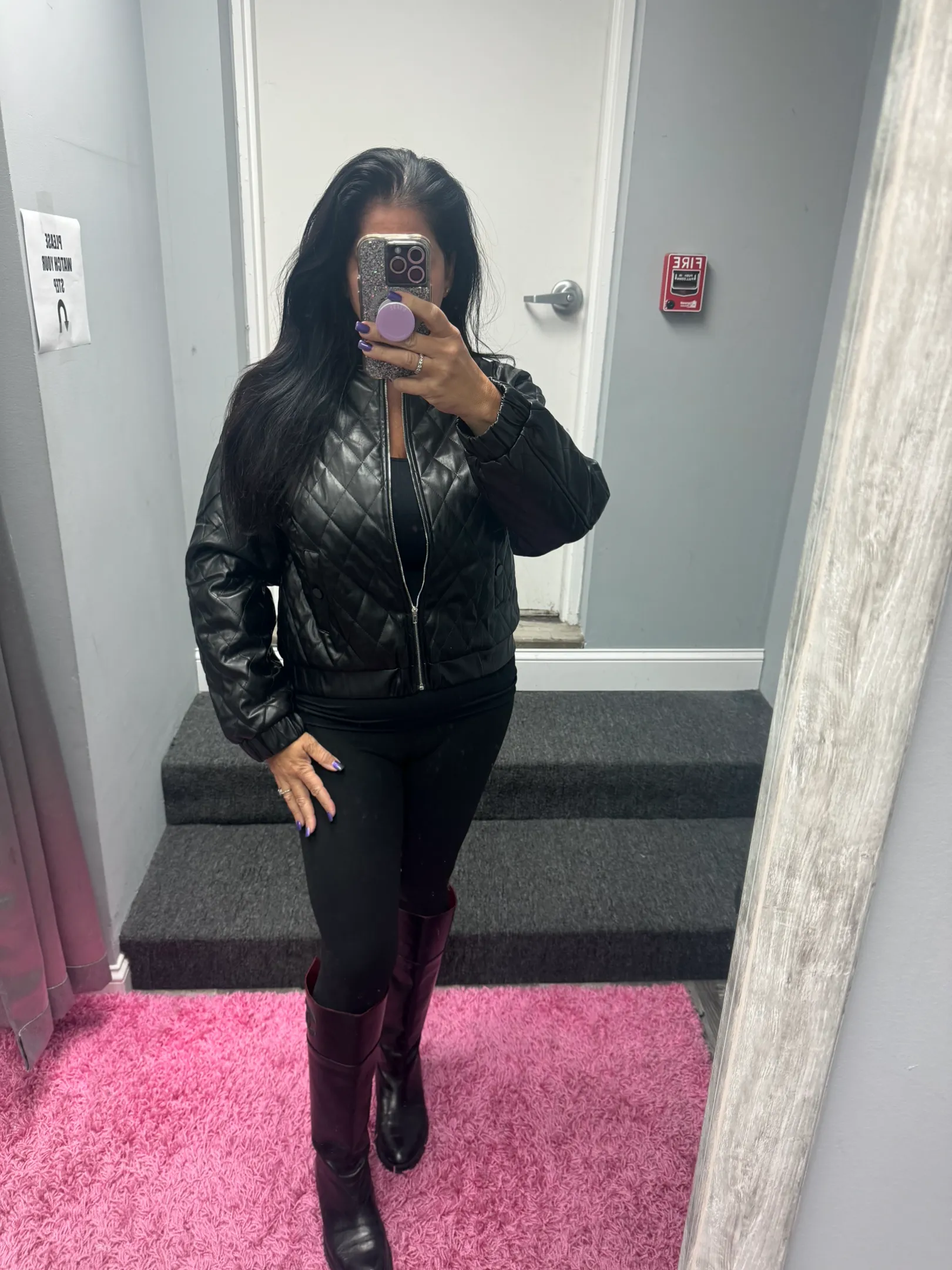 Quilted Vegan Leather Jacket - Black