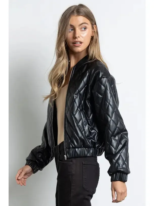 Quilted Vegan Leather Jacket - Black