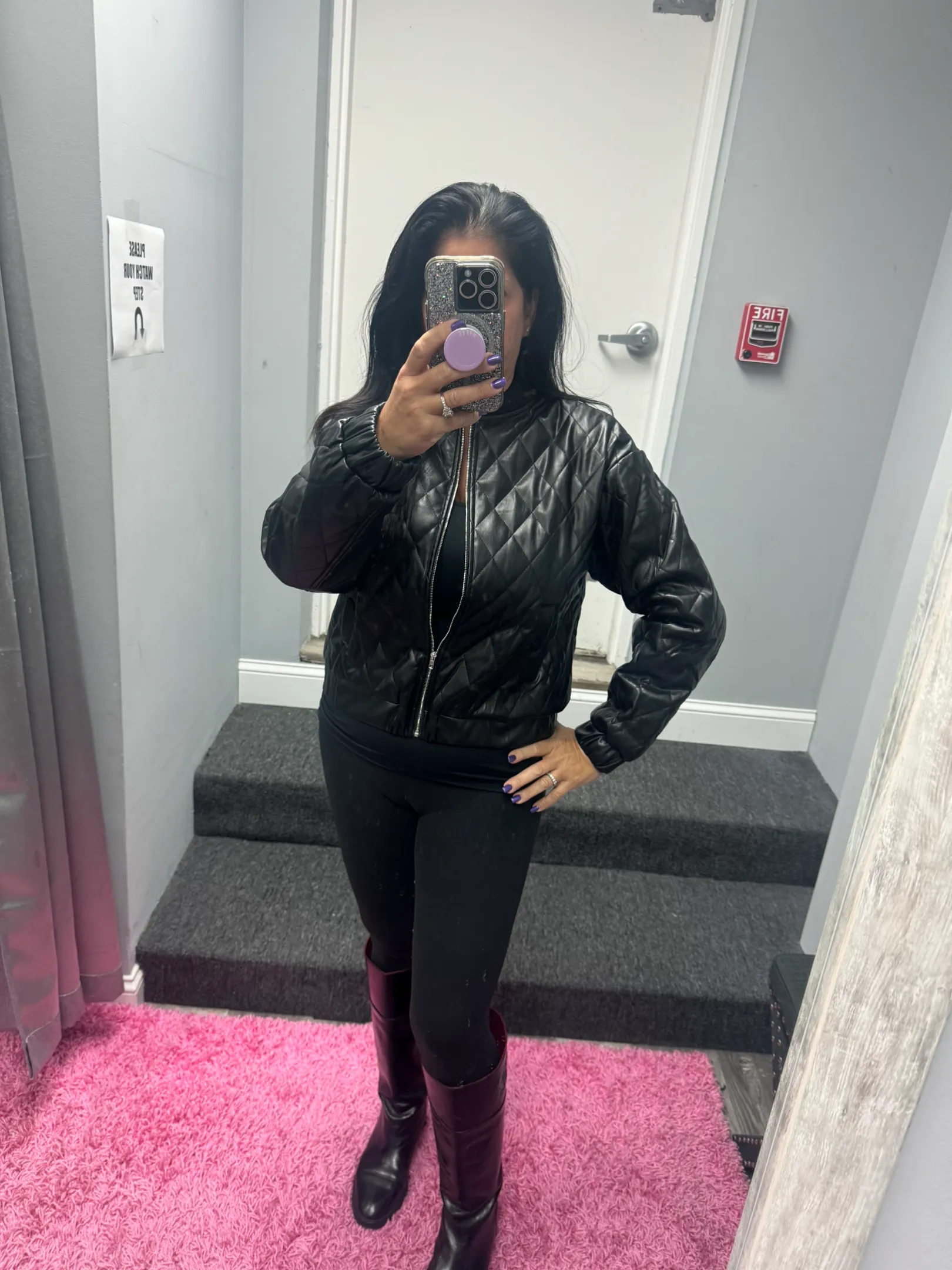 Quilted Vegan Leather Jacket - Black