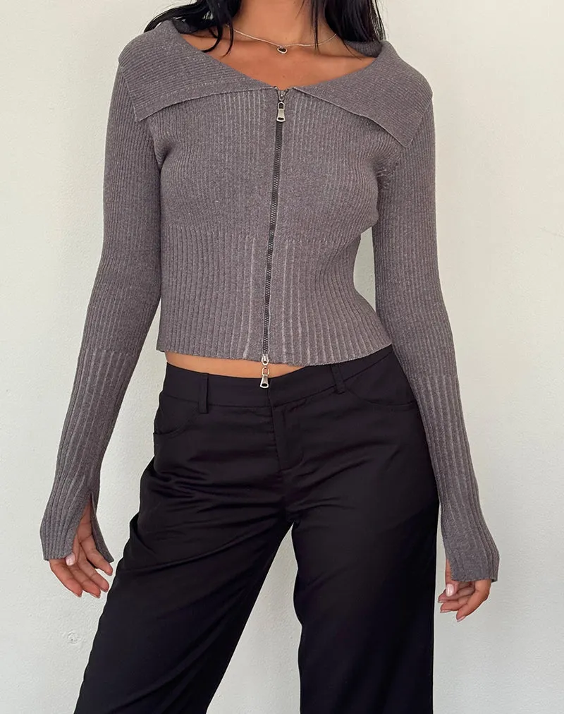 Radia Long Sleeve Off-Shoulder Zip Through Jumper in Dark Charcoal