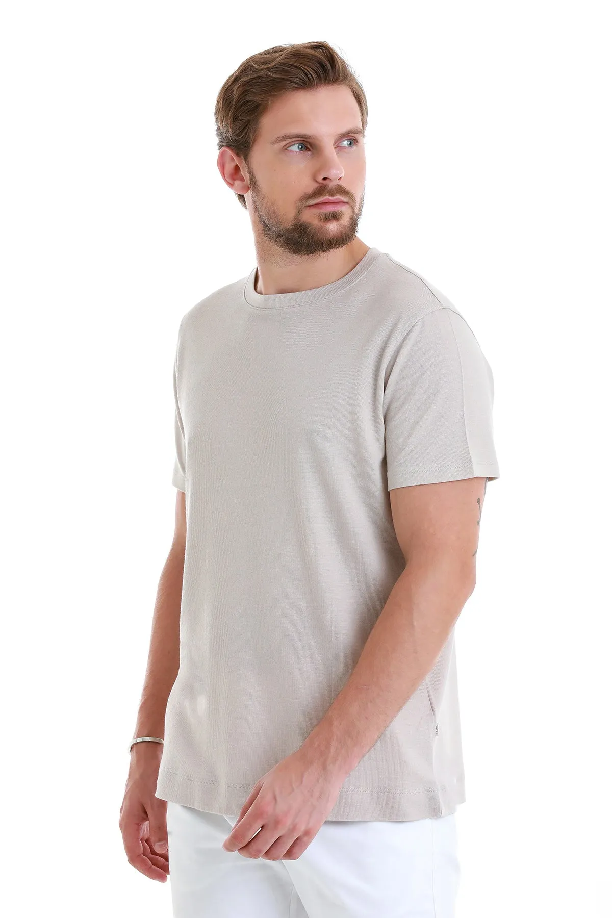 Regular Fit Stone Cotton Blend Crew Neck T-Shirt