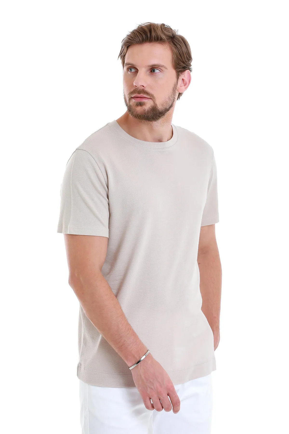 Regular Fit Stone Cotton Blend Crew Neck T-Shirt