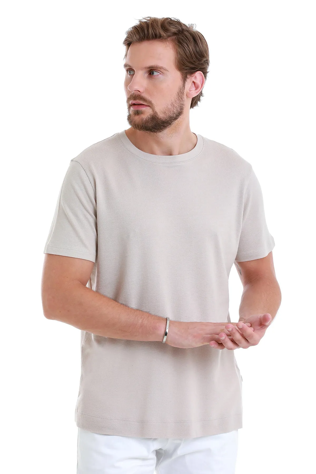 Regular Fit Stone Cotton Blend Crew Neck T-Shirt