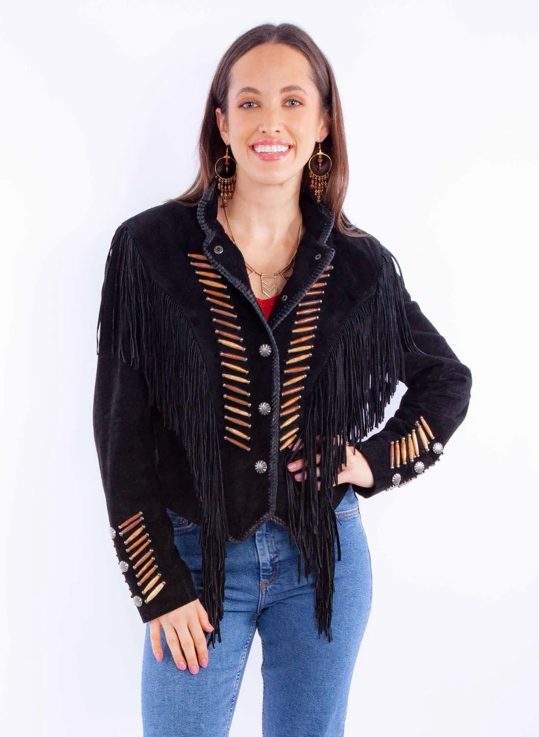 Scully Womens Whip Stitch Fringe Black Leather Leather Jacket