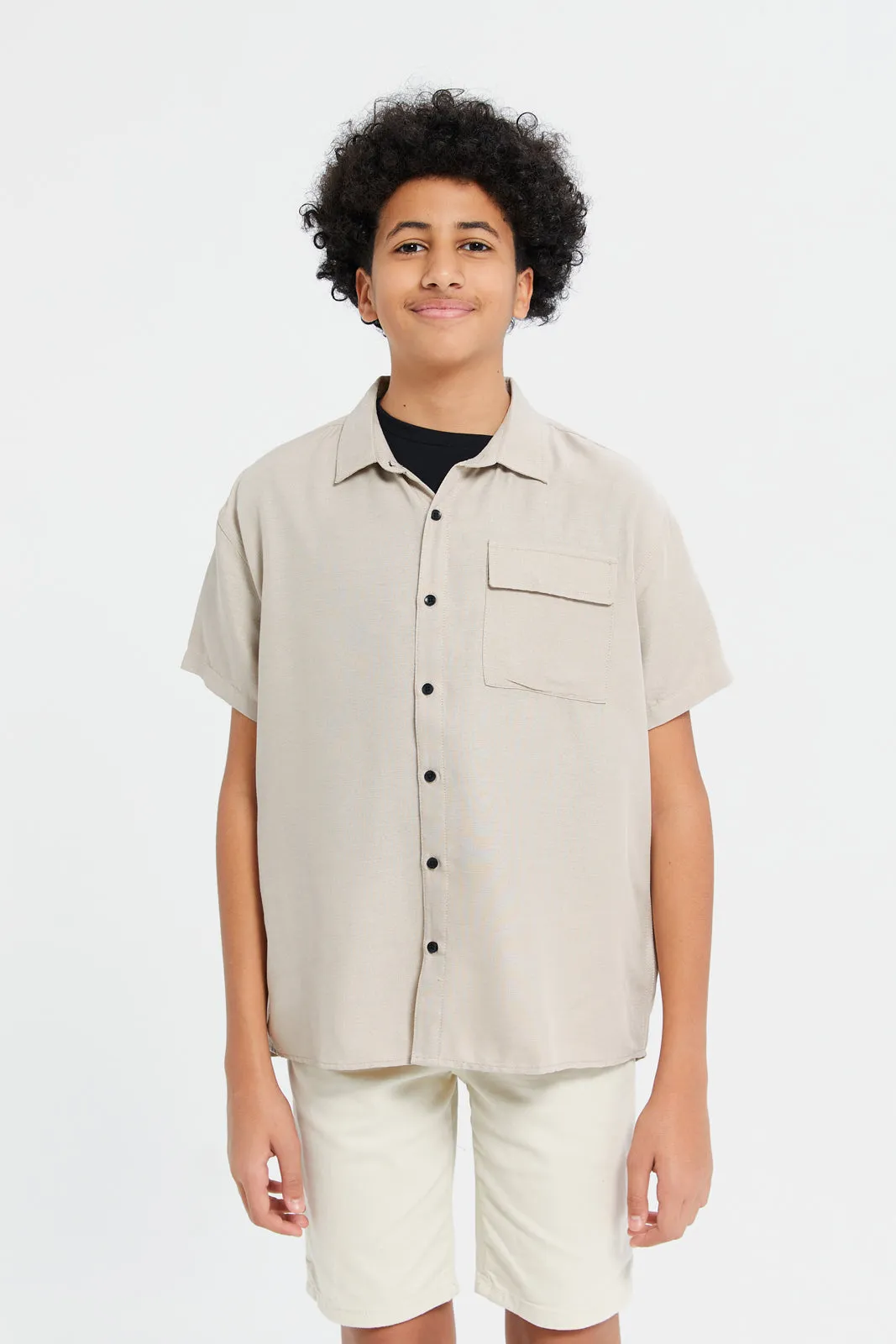 Senior Boys Beige And Black One Pocket Oversize Shirt Set (2 Piece)