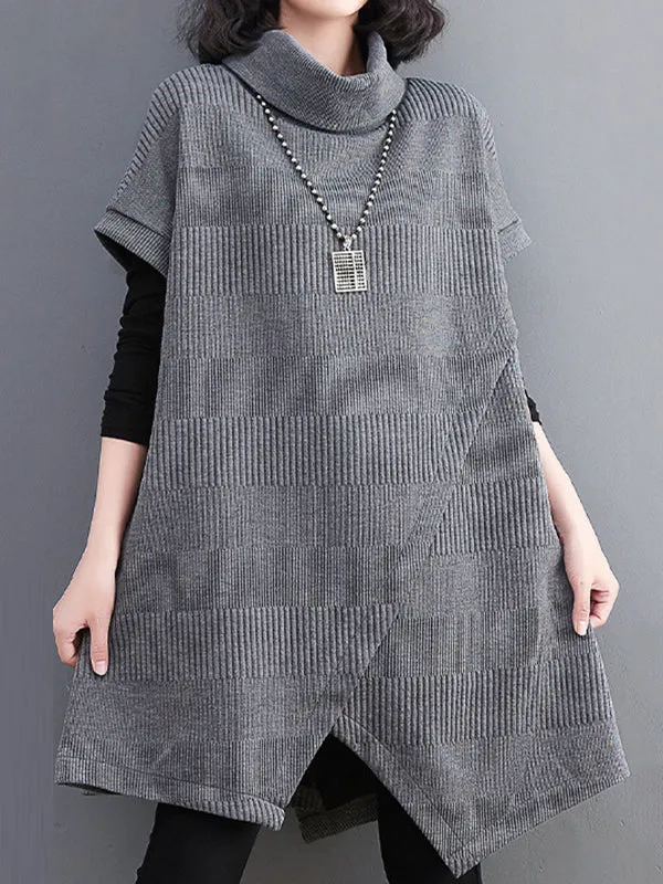 Short Sleeves Asymmetric Solid Color Split-Front High-Neck Knitwear Mini Dresses