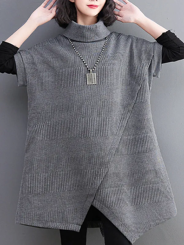 Short Sleeves Asymmetric Solid Color Split-Front High-Neck Knitwear Mini Dresses