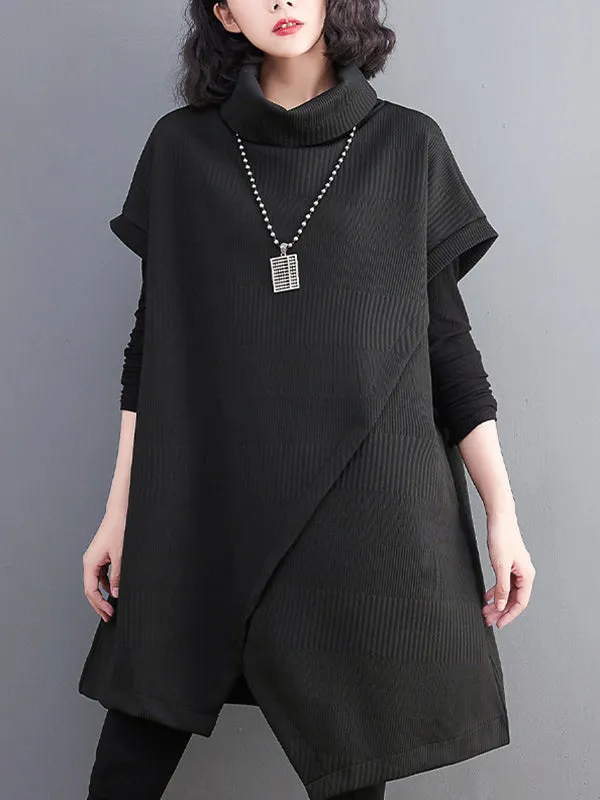 Short Sleeves Asymmetric Solid Color Split-Front High-Neck Knitwear Mini Dresses