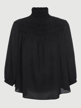 Silk Smocked 3/4 Sleeve Blouse -- Noir