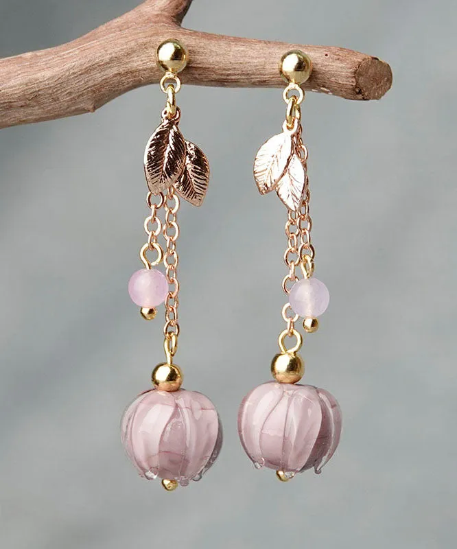 Simple Pink Coloured glaze Leaf Metal Drop Earrings