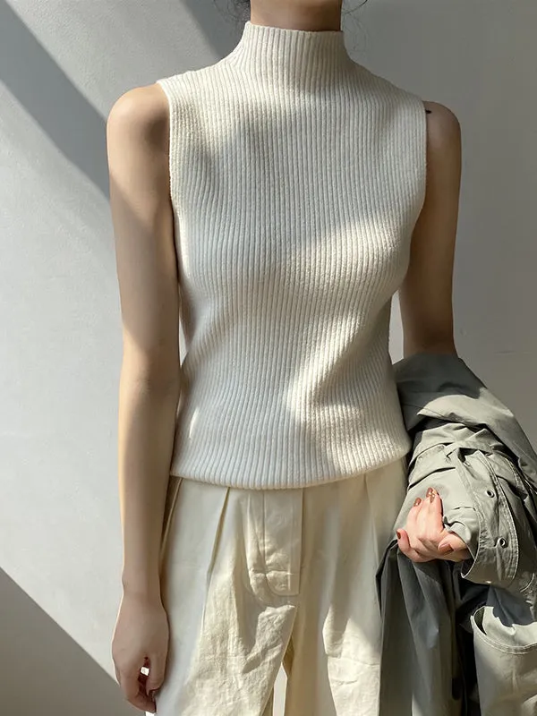 Skinny Sleeveless Solid Color High-Neck Knitwear Vest Top