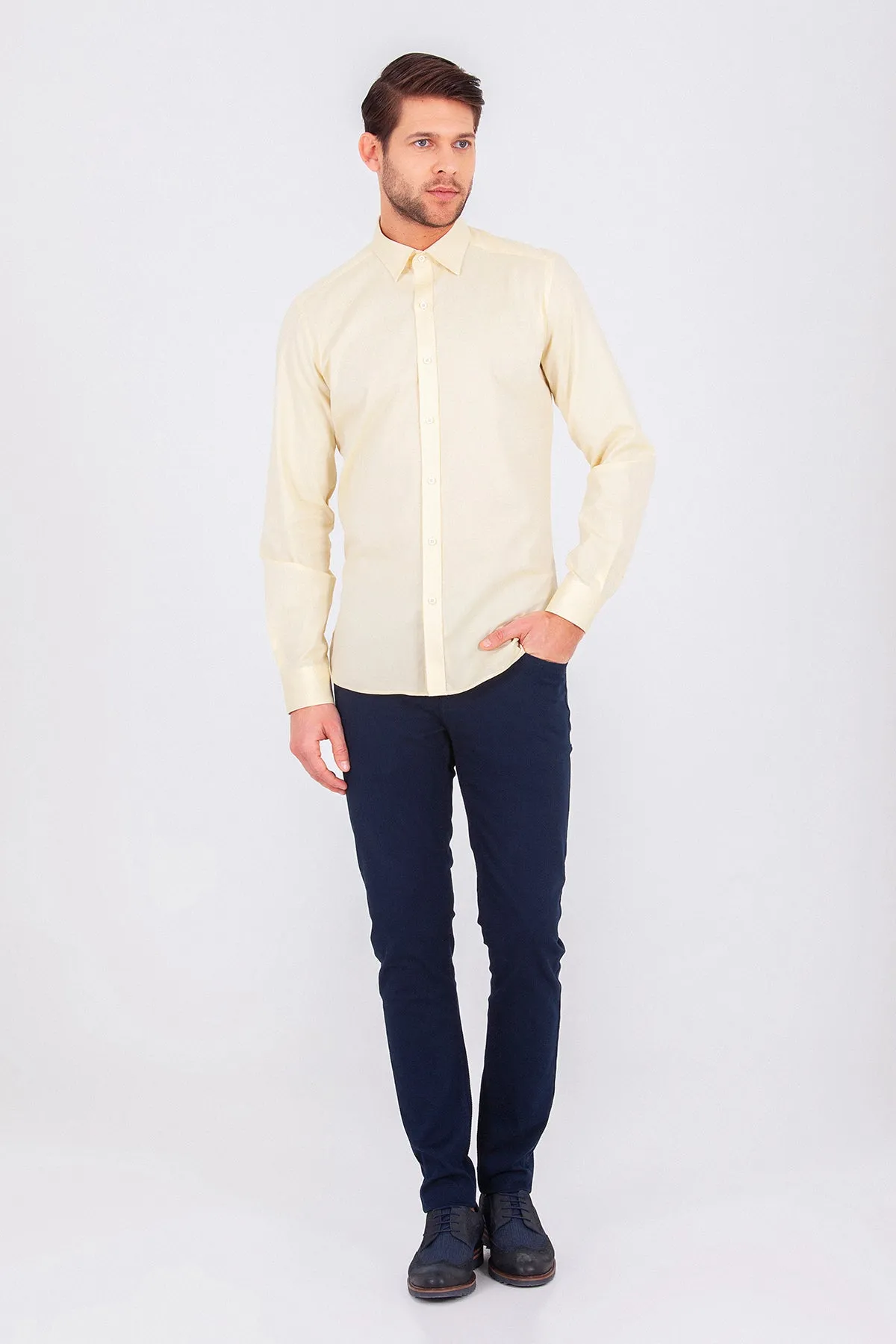 Slim Fit Long Sleeve Cotton Yellow Casual Shirt