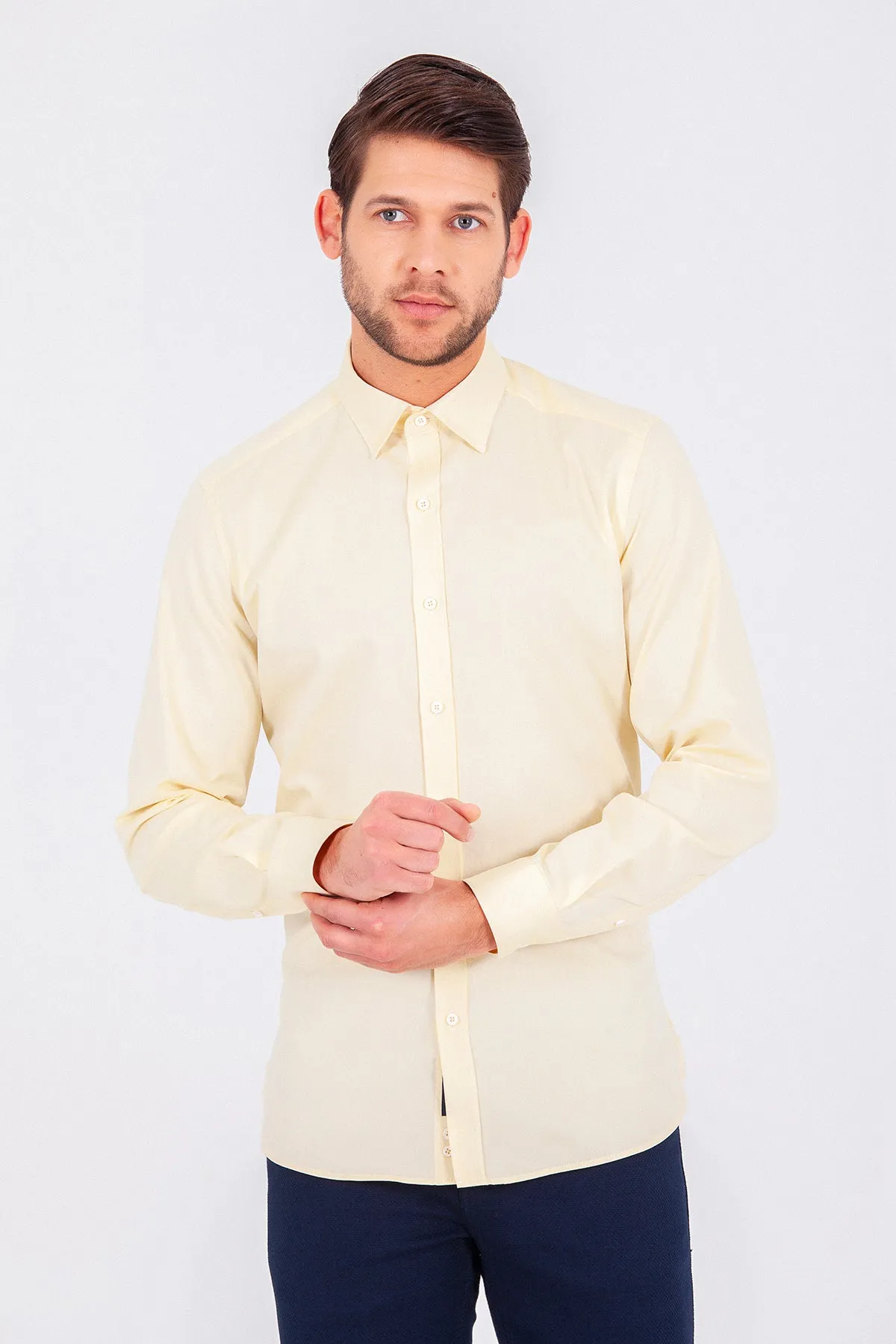 Slim Fit Long Sleeve Cotton Yellow Casual Shirt