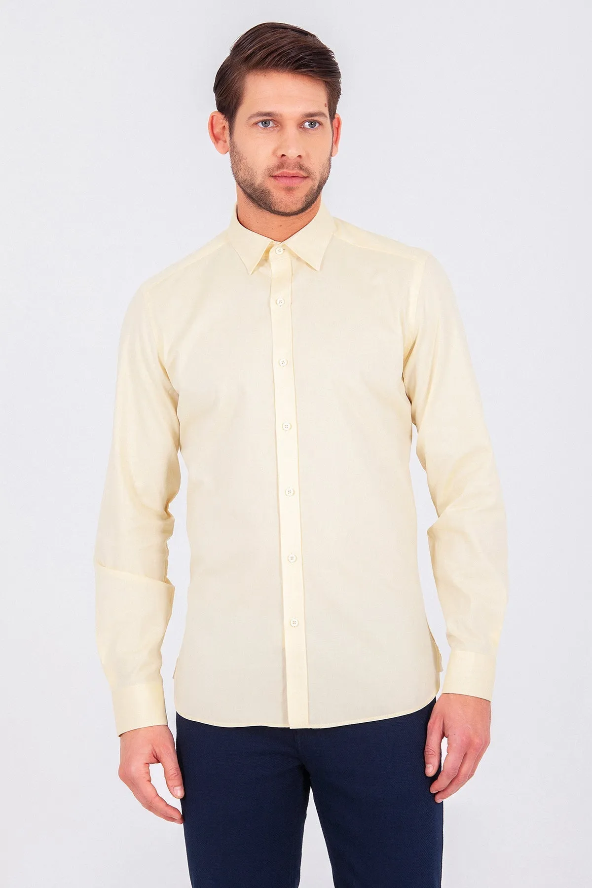 Slim Fit Long Sleeve Cotton Yellow Casual Shirt