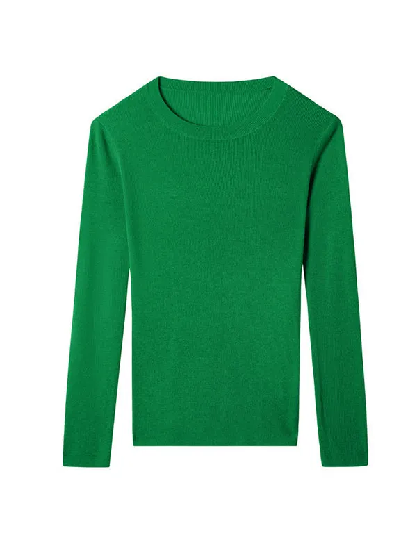 Solid Color Long Sleeves Skinny Round-Neck Sweater Tops Pullovers Knitwear