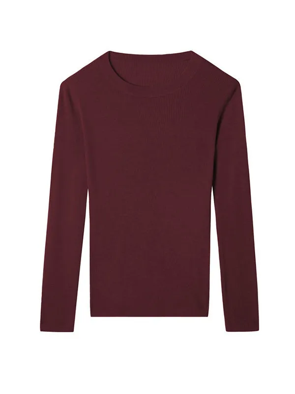 Solid Color Long Sleeves Skinny Round-Neck Sweater Tops Pullovers Knitwear