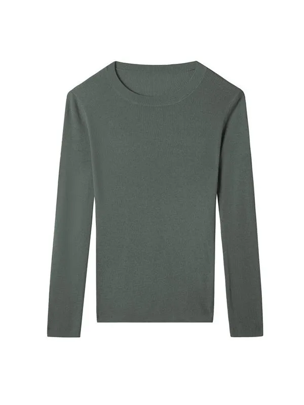 Solid Color Long Sleeves Skinny Round-Neck Sweater Tops Pullovers Knitwear