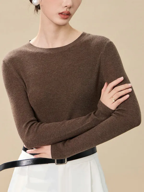 Solid Color Long Sleeves Skinny Round-Neck Sweater Tops Pullovers Knitwear