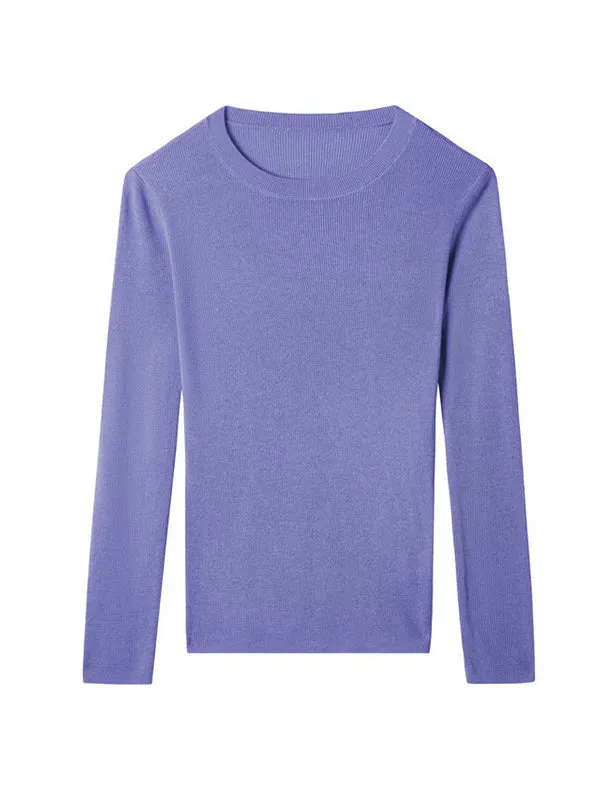 Solid Color Long Sleeves Skinny Round-Neck Sweater Tops Pullovers Knitwear