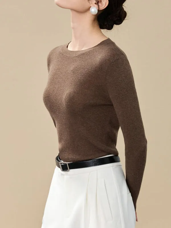 Solid Color Long Sleeves Skinny Round-Neck Sweater Tops Pullovers Knitwear