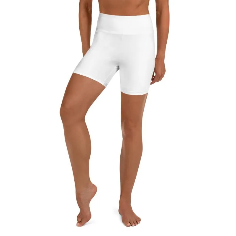 Solid White Yoga Shorts, Color Workout Gym Fitness Pants, High Waist Shorts- Made in USA