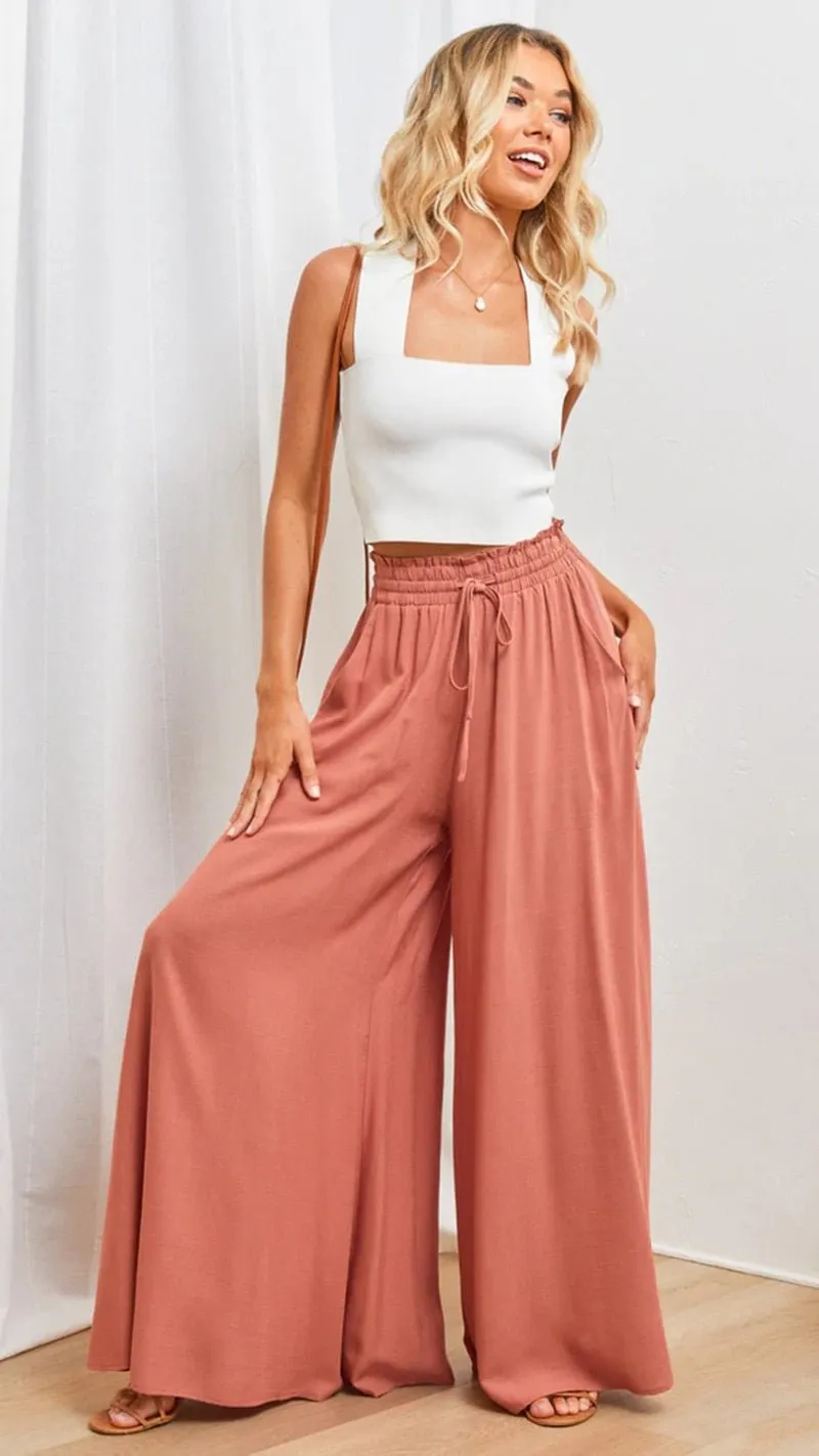 Spring to Summer Wide Leg Loose Drawstring Pocket Pants