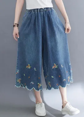 Style Blue Embroideried Crop Wide Leg Summer Pants