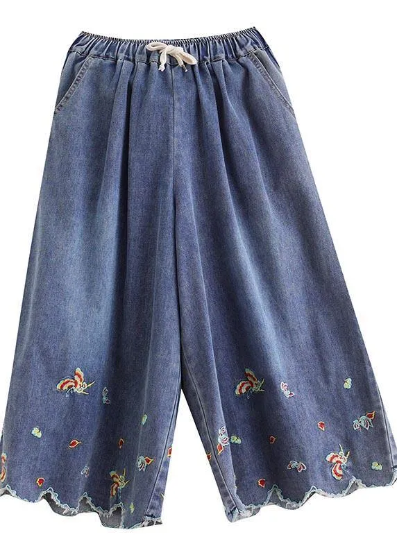 Style Blue Embroideried Crop Wide Leg Summer Pants