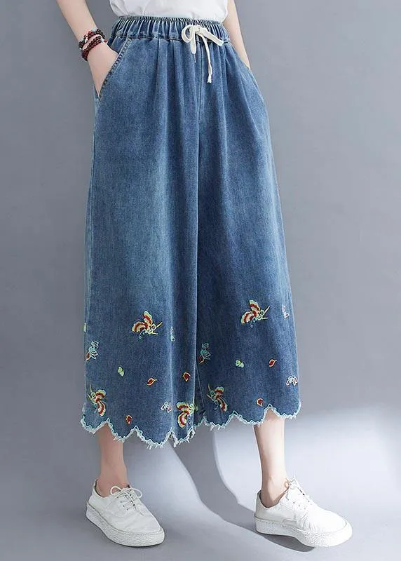 Style Blue Embroideried Crop Wide Leg Summer Pants