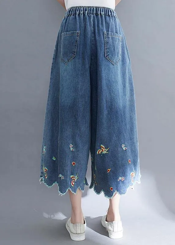 Style Blue Embroideried Crop Wide Leg Summer Pants