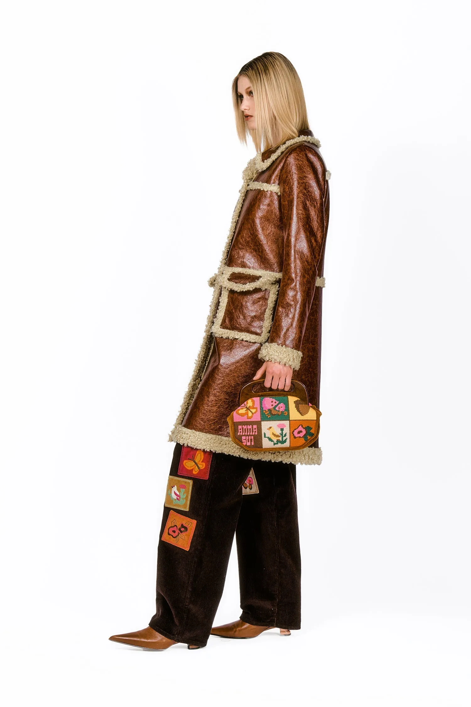 Tobacco Faux Leather with Curly Lamb Trim Coat