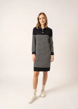 Vague Striped Wool Dress - with buttoned collar (NAVY/ECUME)