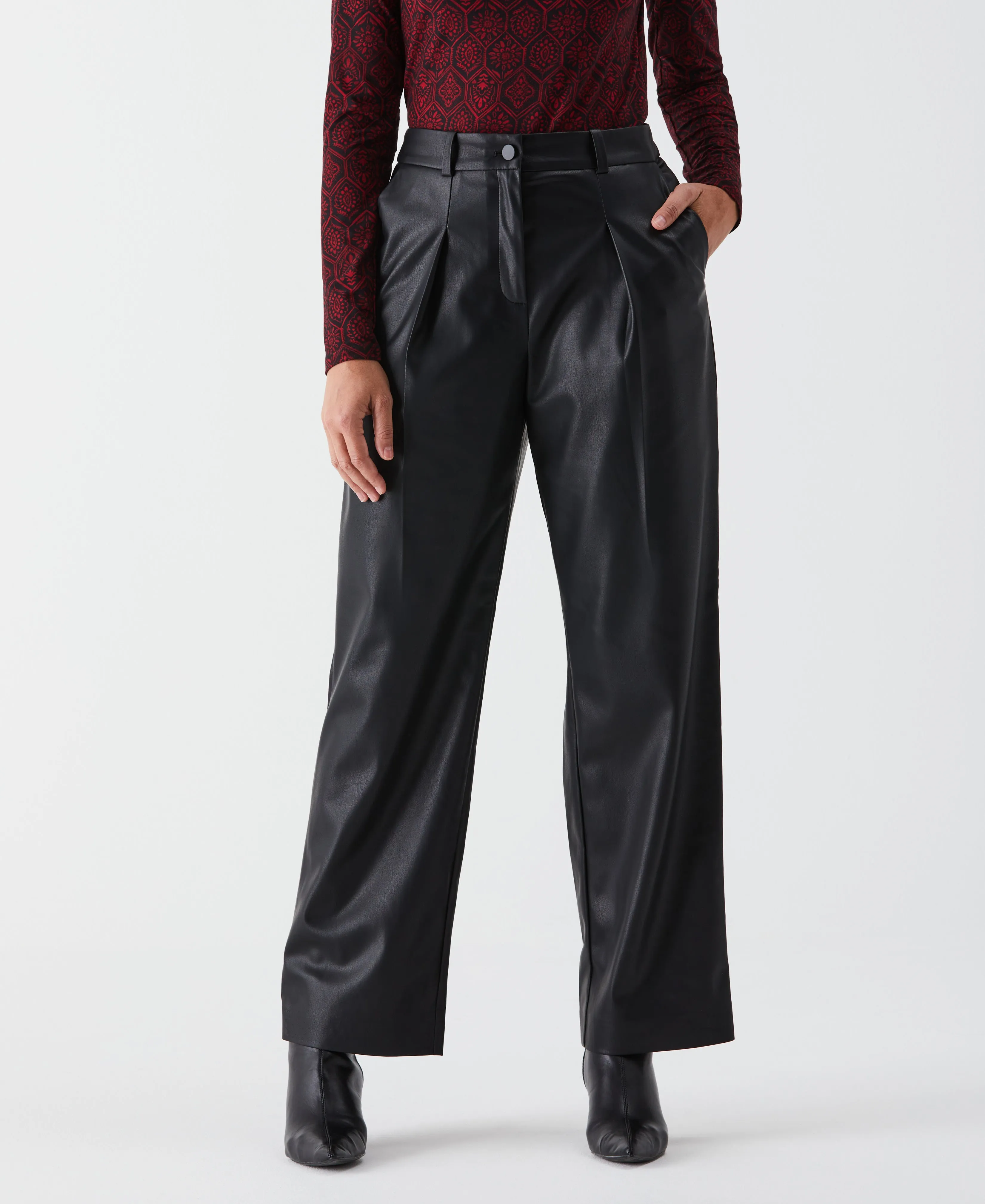 Vegan Leather Wide Leg Pleated Pant