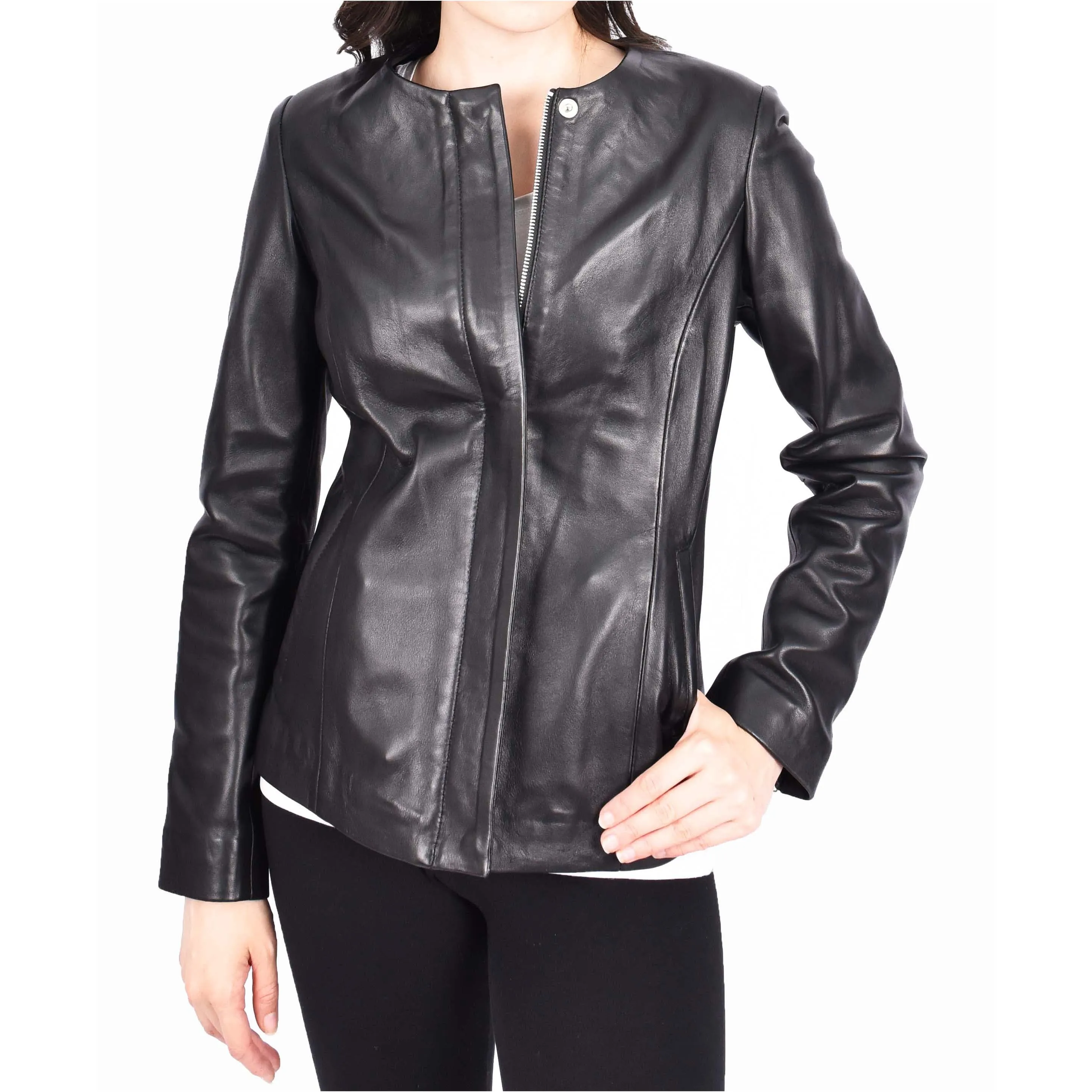 Women Black Leather Jacket Collarless Neckline Soft Fitted Zip Fasten Elena