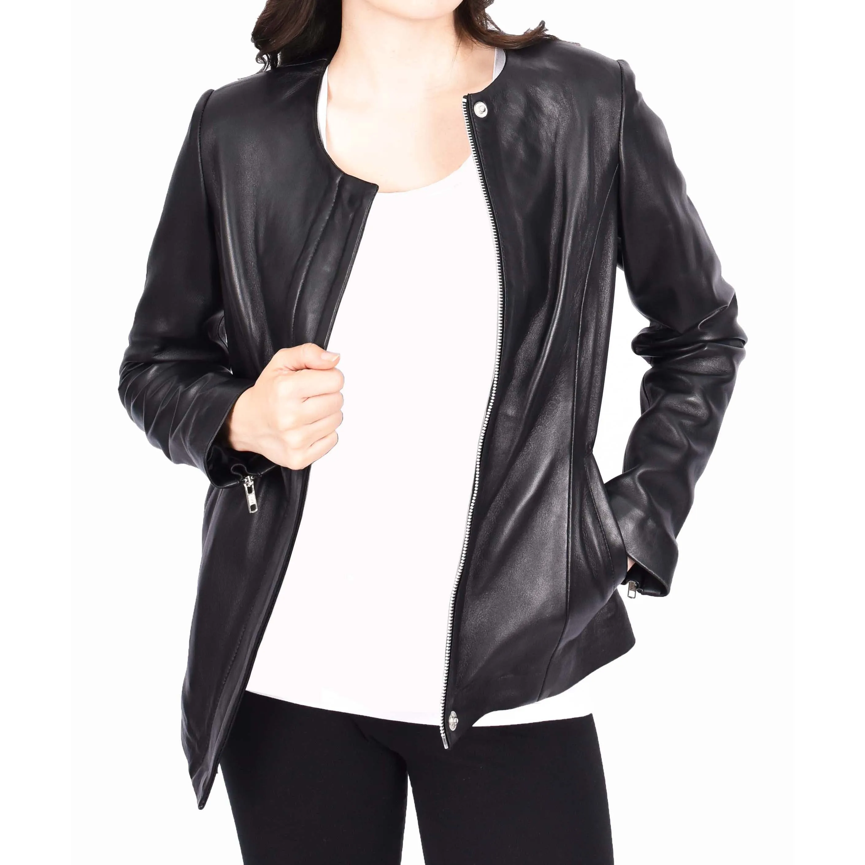 Women Black Leather Jacket Collarless Neckline Soft Fitted Zip Fasten Elena