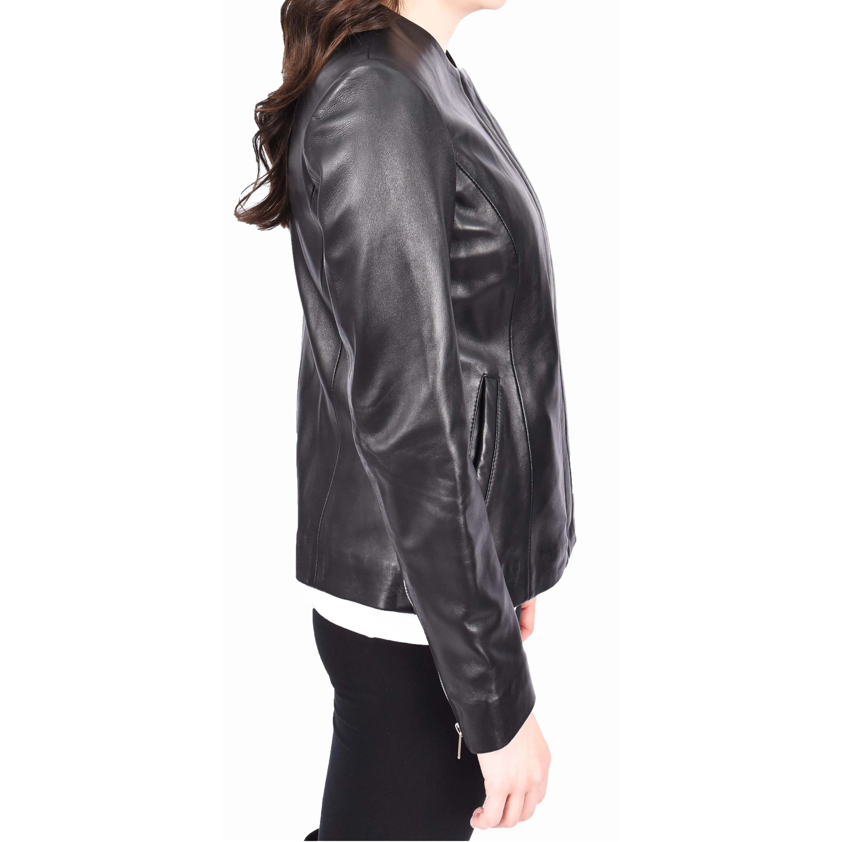 Women Black Leather Jacket Collarless Neckline Soft Fitted Zip Fasten Elena