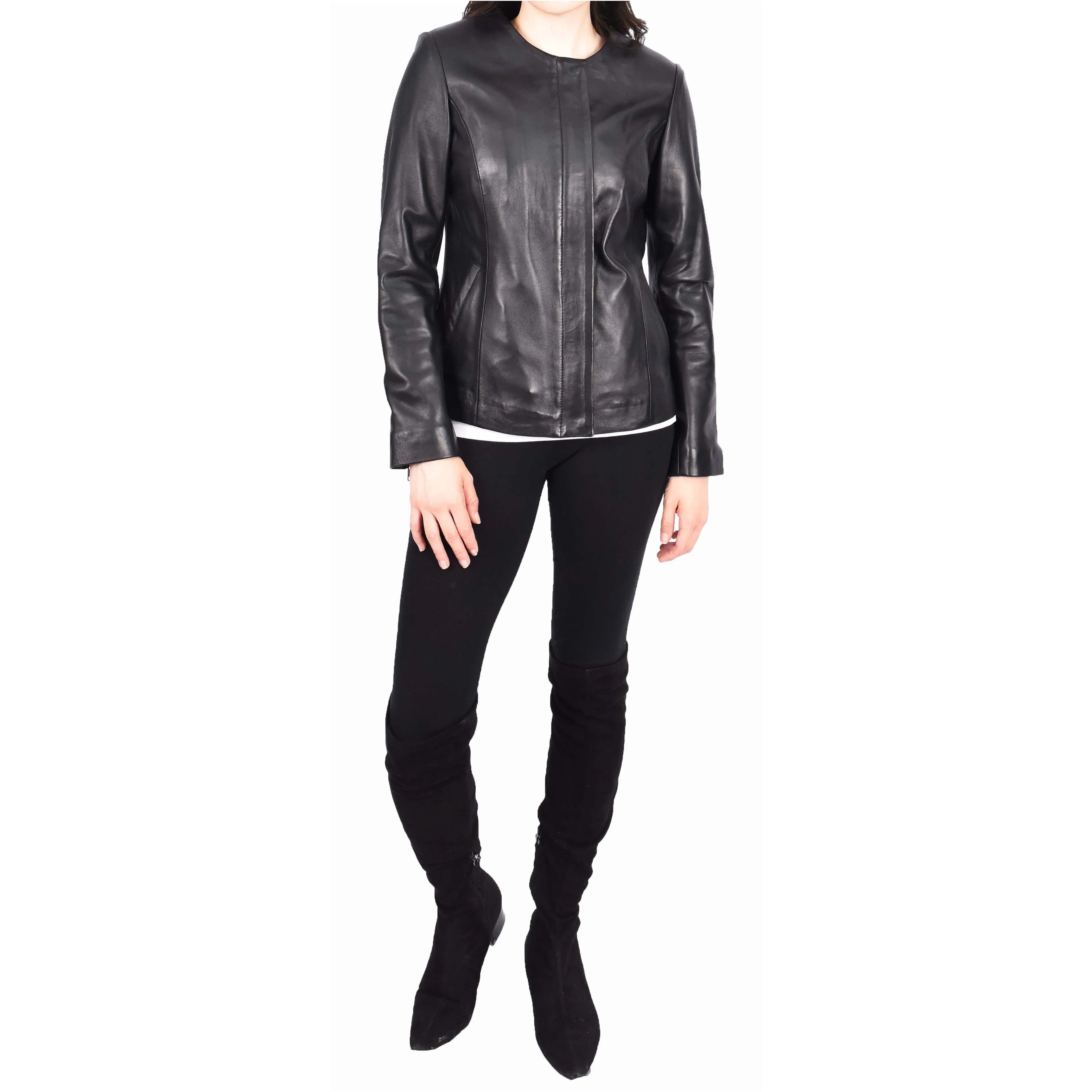 Women Black Leather Jacket Collarless Neckline Soft Fitted Zip Fasten Elena