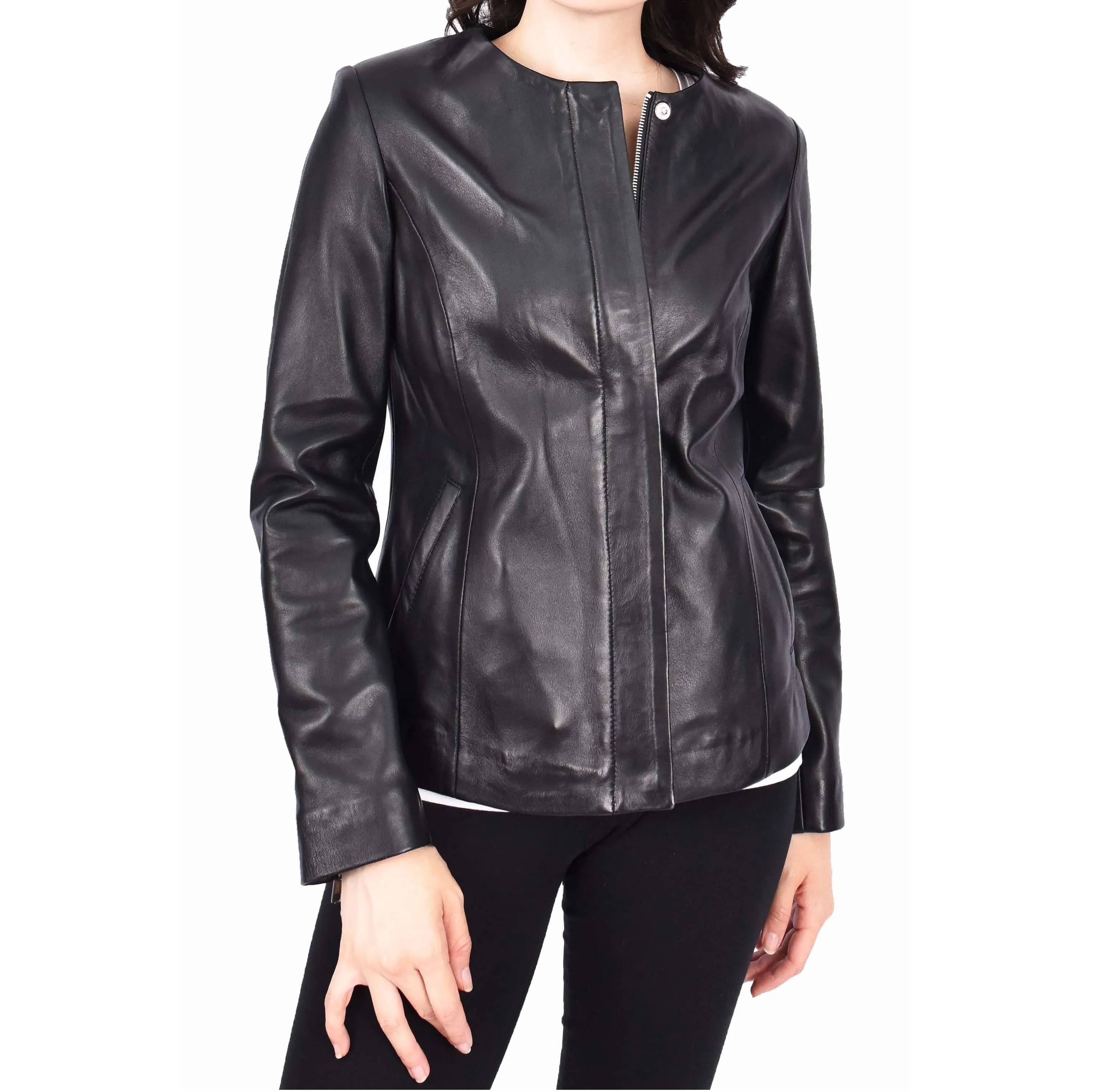 Women Black Leather Jacket Collarless Neckline Soft Fitted Zip Fasten Elena