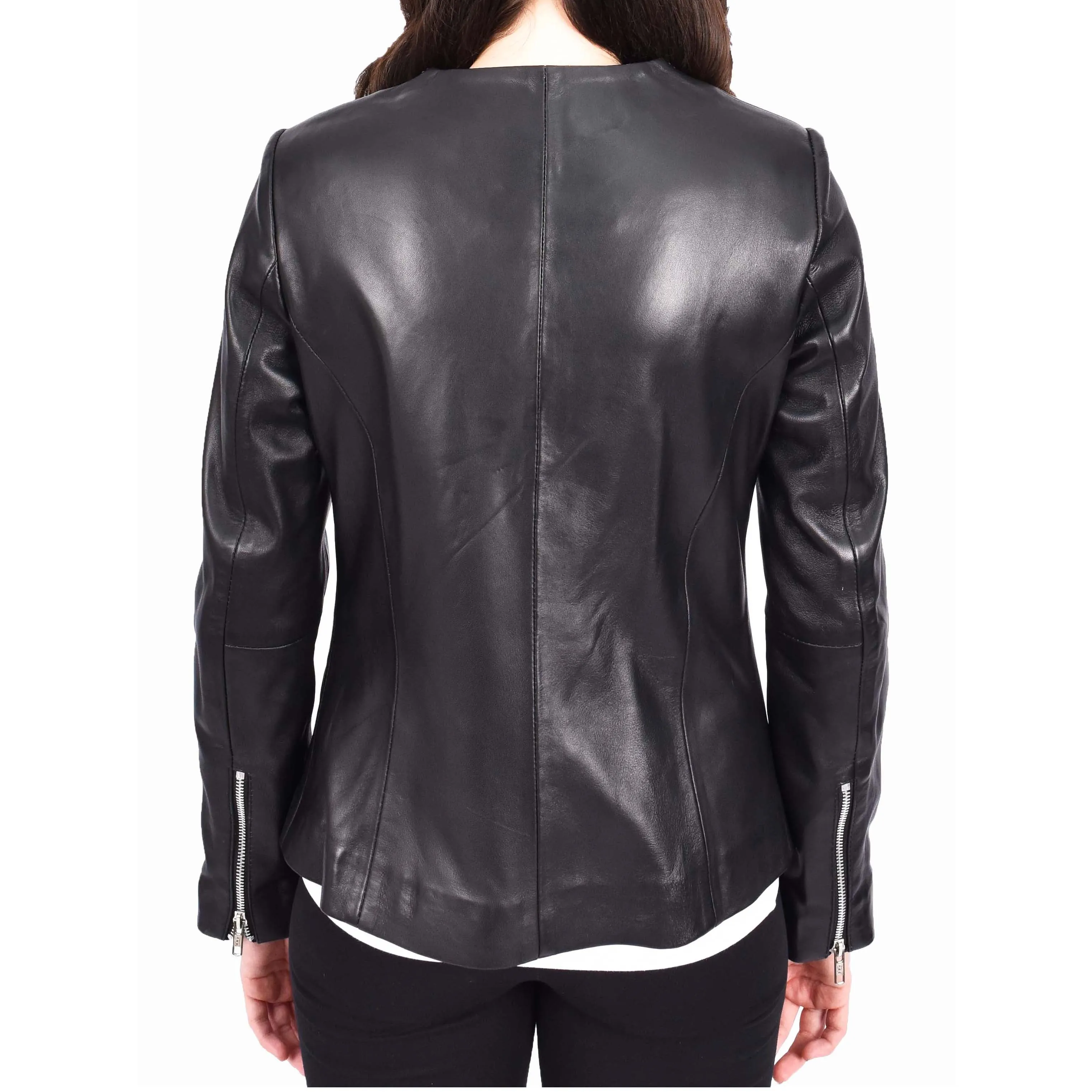 Women Black Leather Jacket Collarless Neckline Soft Fitted Zip Fasten Elena